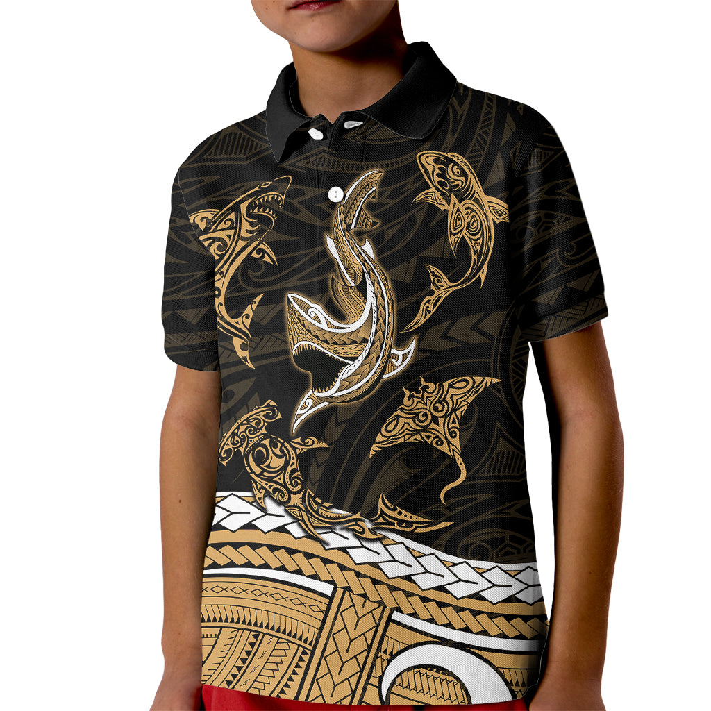 Polynesian Tribal Polo Shirt for Kid with Sharks Tattoo Gold LT6 - Wonder Print Shop