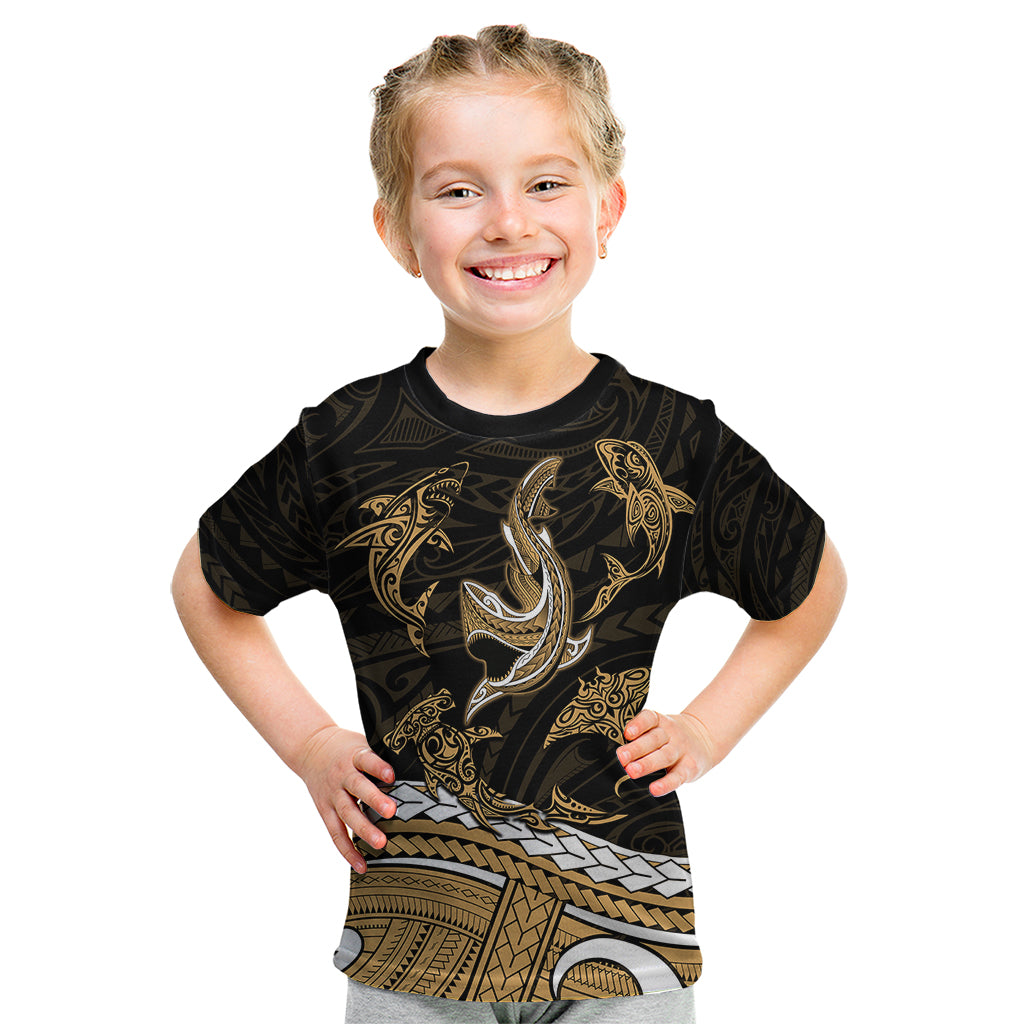 Polynesian Tribal Kid T Shirt with Sharks Tattoo Gold LT6 - Wonder Print Shop