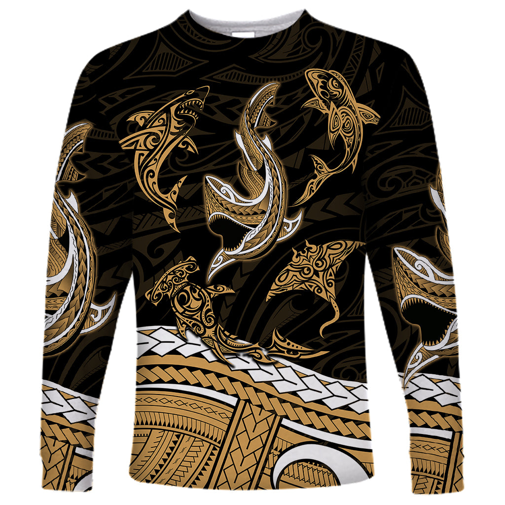 Polynesian Tribal Long Sleeve Shirt with Sharks Tattoo Gold LT6 - Wonder Print Shop