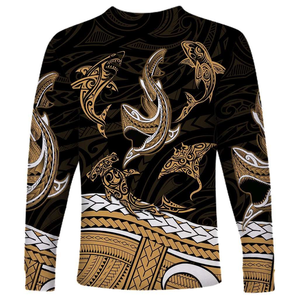 Polynesian Tribal Long Sleeve Shirt with Sharks Tattoo Gold LT6 - Wonder Print Shop