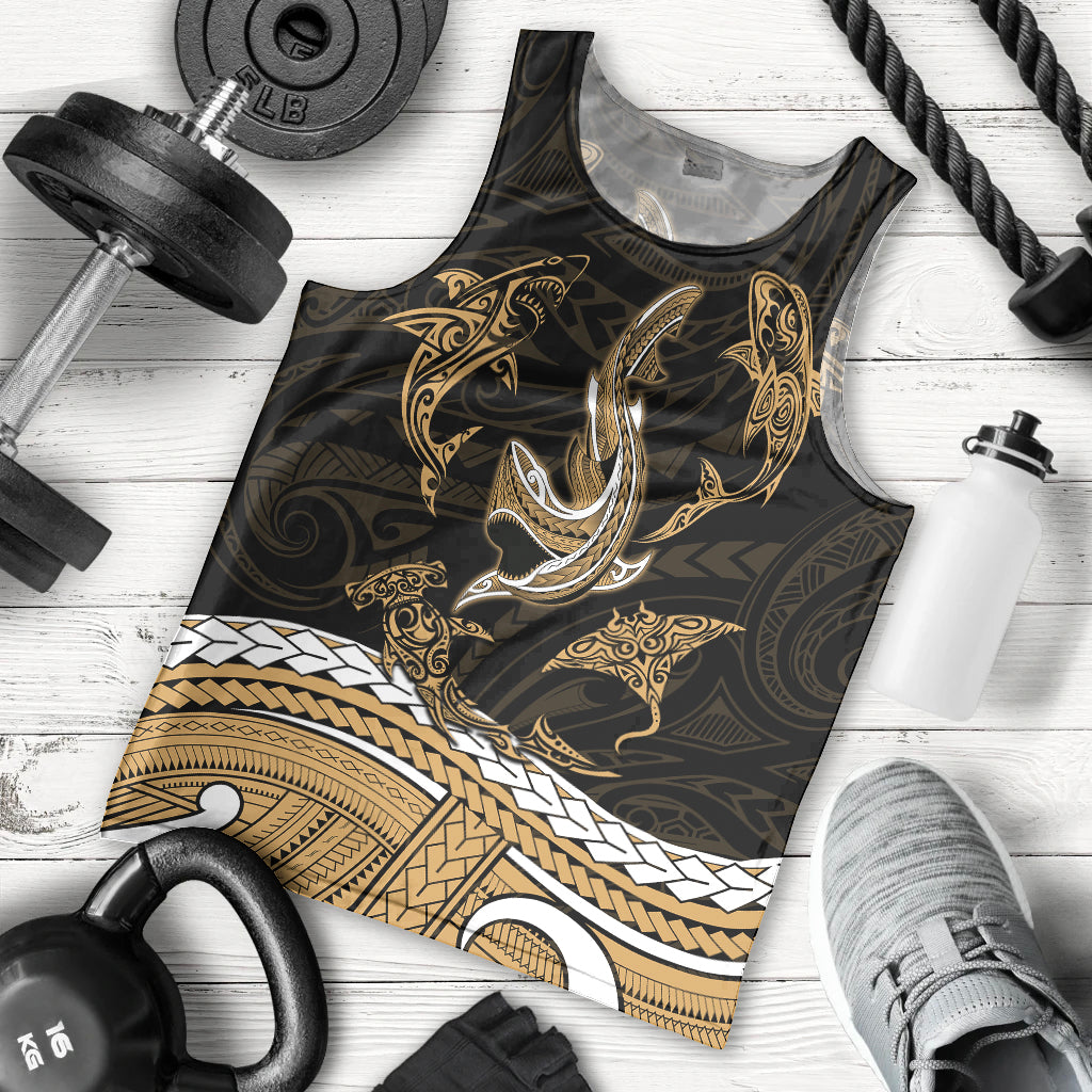 polynesian-tribal-men-tank-top-with-sharks-tattoo-gold