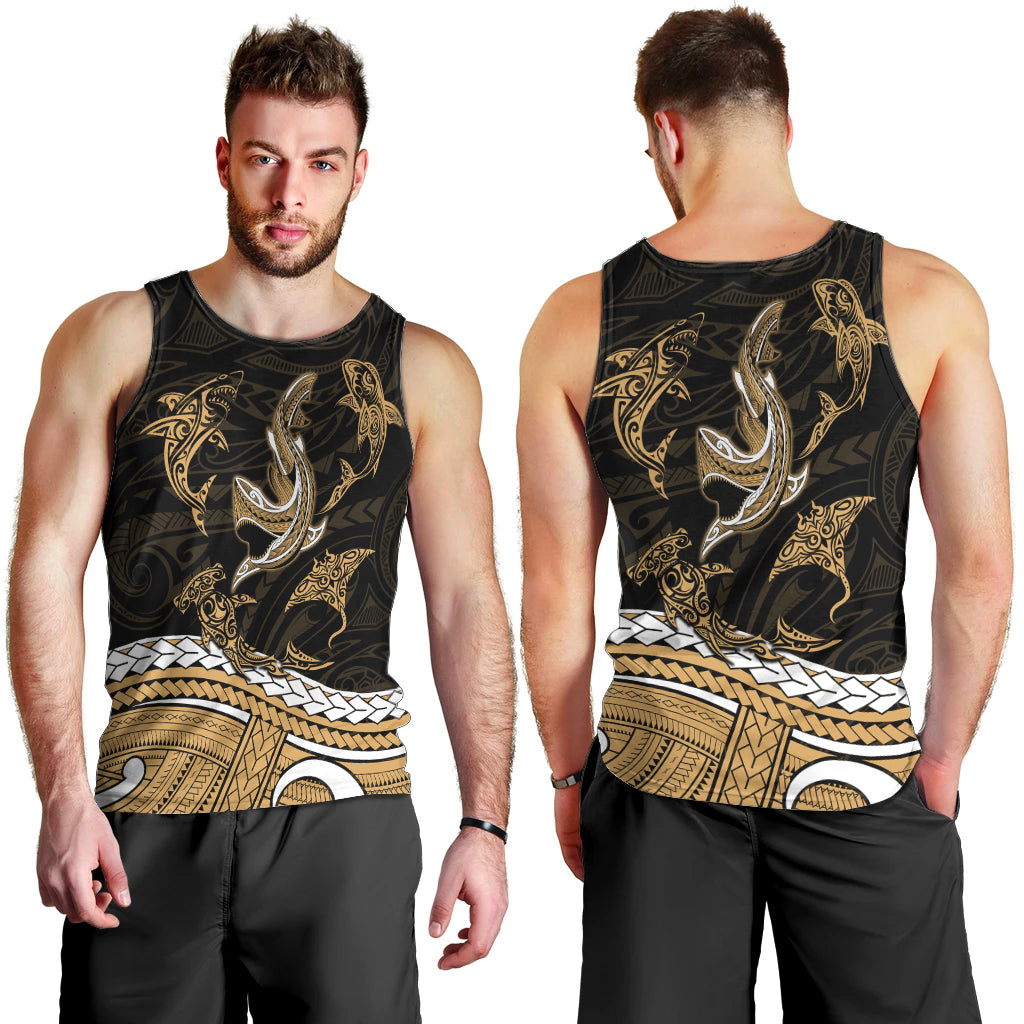 polynesian-tribal-men-tank-top-with-sharks-tattoo-gold