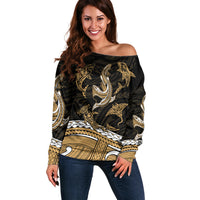 Polynesian Tribal Off Shoulder Sweater with Sharks Tattoo Gold LT6 - Wonder Print Shop