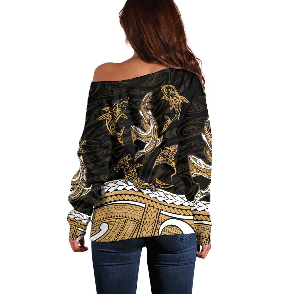 Polynesian Tribal Off Shoulder Sweater with Sharks Tattoo Gold LT6 - Wonder Print Shop