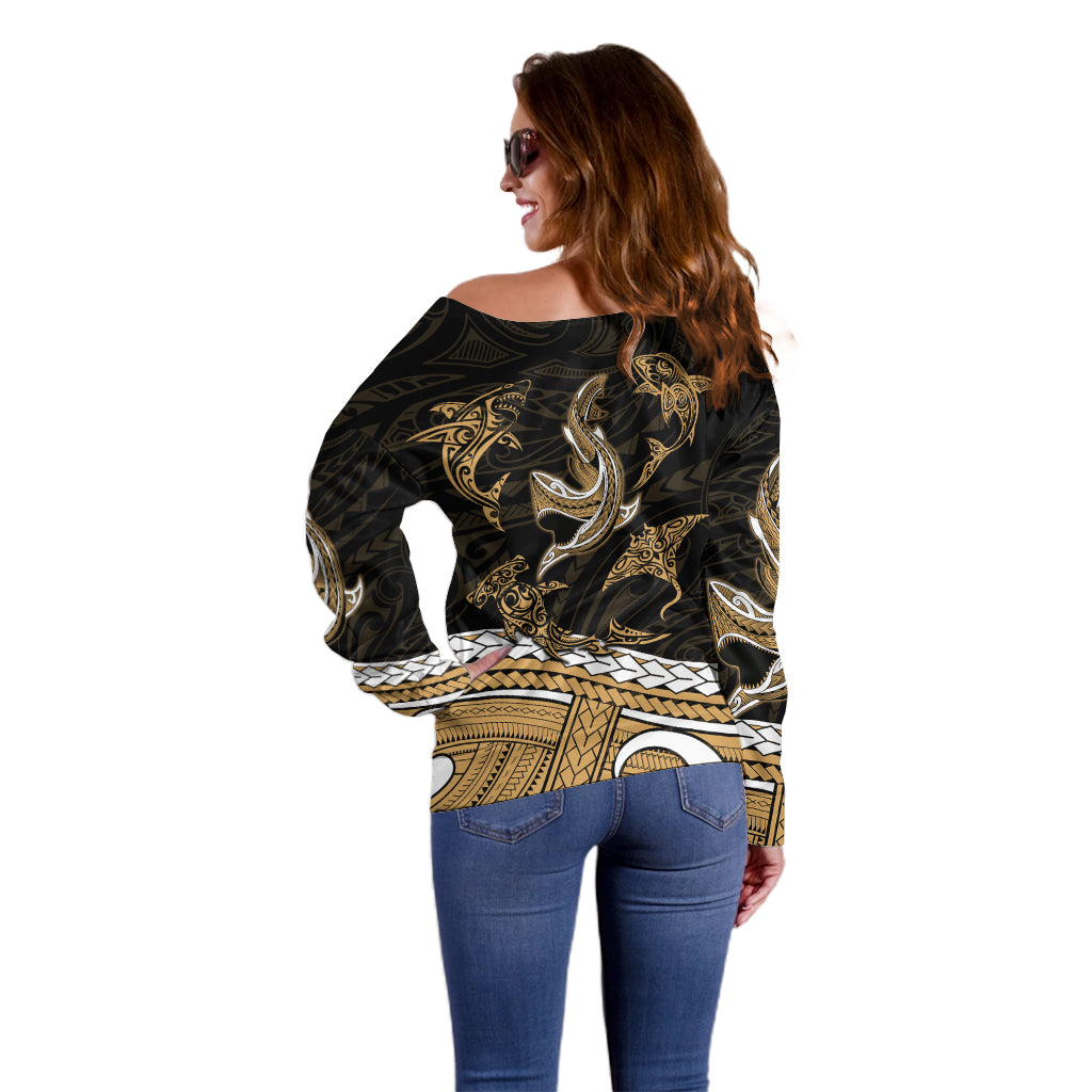 Polynesian Tribal Off Shoulder Sweater with Sharks Tattoo Gold LT6 - Wonder Print Shop