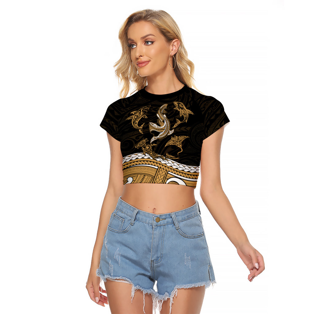 Polynesian Tribal Raglan Cropped T Shirt with Sharks Tattoo Gold LT6 - Wonder Print Shop