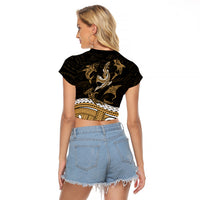 Polynesian Tribal Raglan Cropped T Shirt with Sharks Tattoo Gold LT6 - Wonder Print Shop