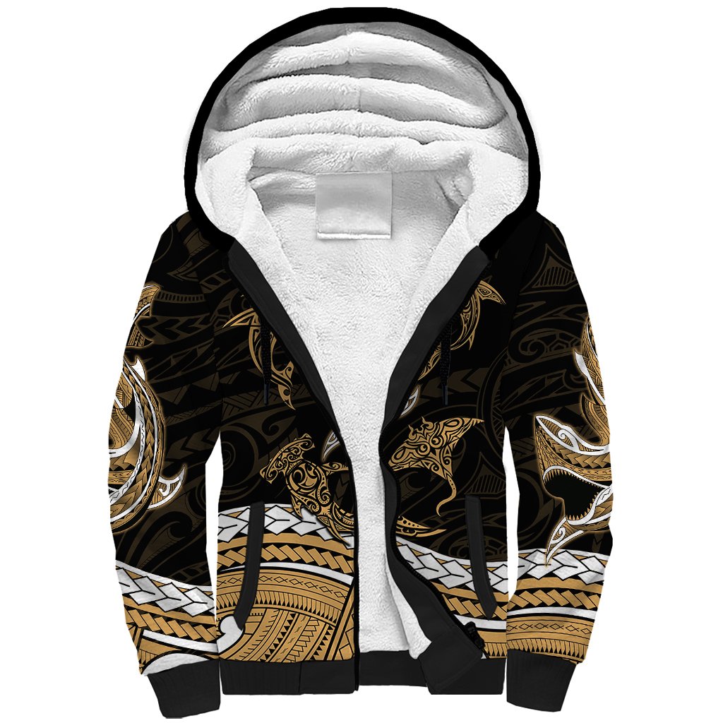 Polynesian Tribal Sherpa Hoodie with Sharks Tattoo Gold LT6 - Wonder Print Shop