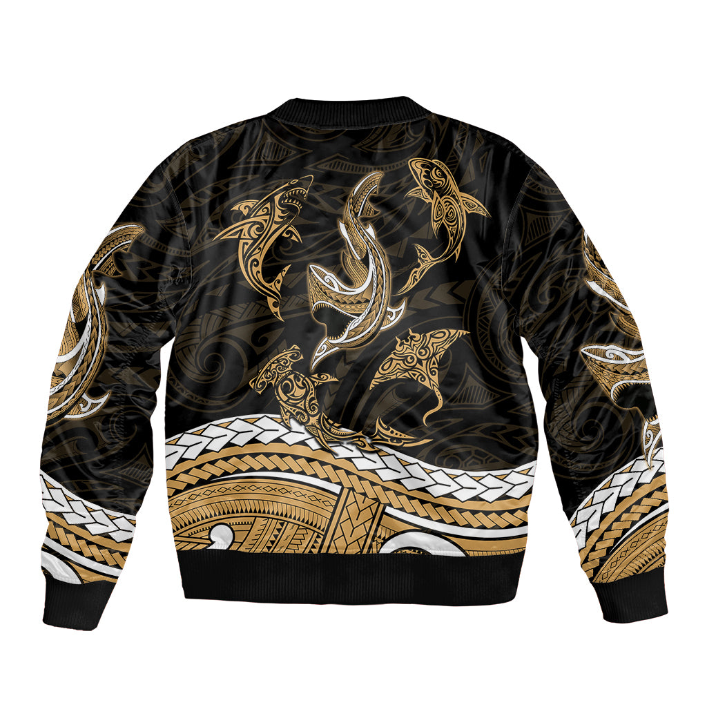 Polynesian Tribal Sleeve Zip Bomber Jacket with Sharks Tattoo Gold LT6 - Wonder Print Shop
