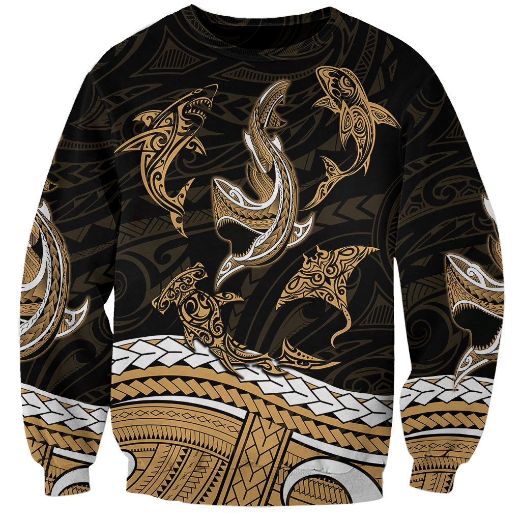 Polynesian Tribal Sweatshirt with Sharks Tattoo Gold LT6 - Wonder Print Shop