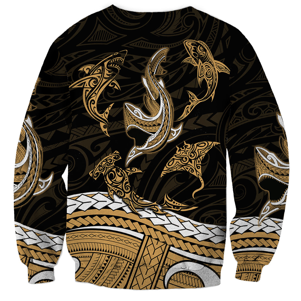 Polynesian Tribal Sweatshirt with Sharks Tattoo Gold LT6 - Wonder Print Shop