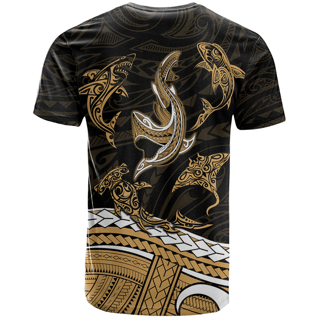 Polynesian Tribal T Shirt with Sharks Tattoo Gold LT6 - Wonder Print Shop