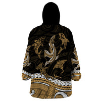 Polynesian Tribal Wearable Blanket Hoodie with Sharks Tattoo Gold LT6 - Wonder Print Shop