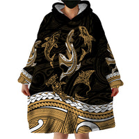 Polynesian Tribal Wearable Blanket Hoodie with Sharks Tattoo Gold LT6 - Wonder Print Shop