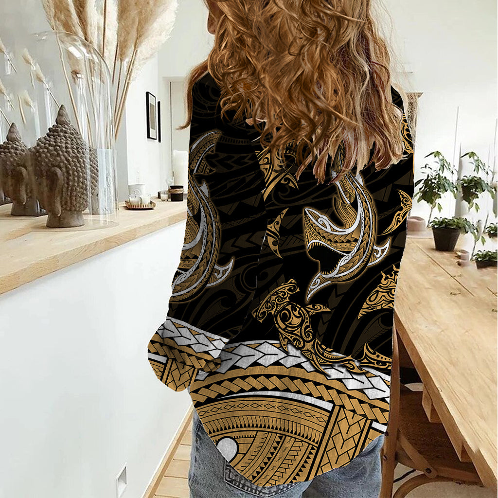 Polynesian Tribal Women Casual Shirt with Sharks Tattoo Gold LT6 - Wonder Print Shop
