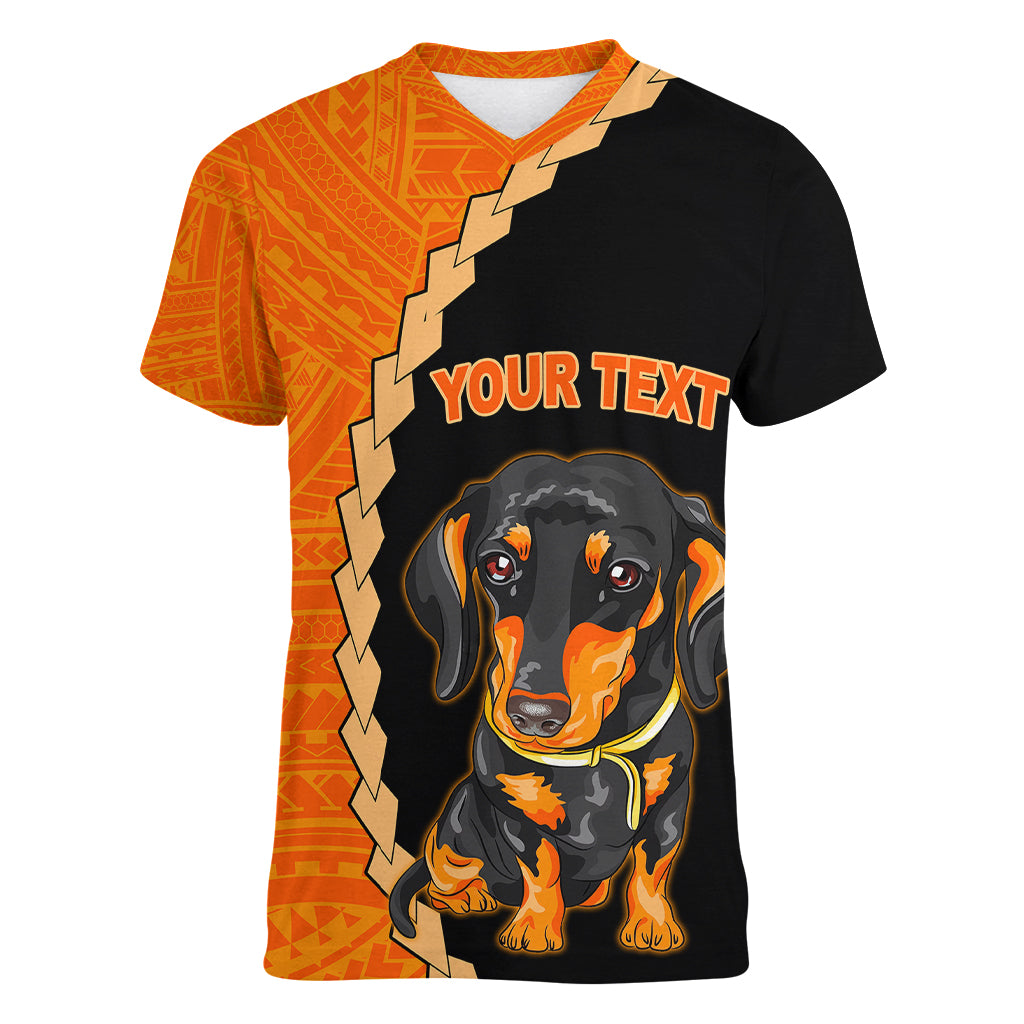 Custom Dachshund Dog Women V Neck T Shirt With Polynesian Tribal Tattoo LT6 - Wonder Print Shop