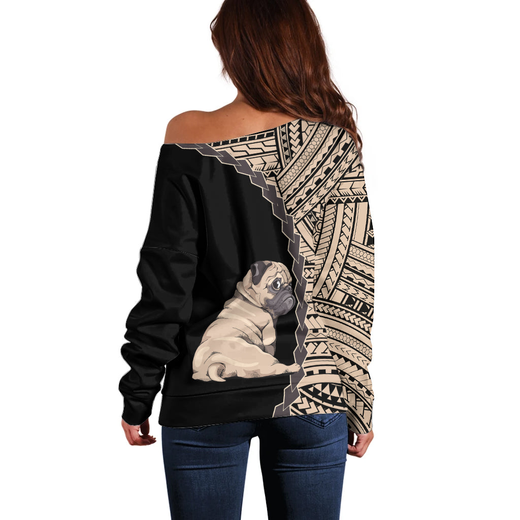 Custom Pug Dog Off Shoulder Sweater With Polynesian Tribal Tattoo LT6 - Wonder Print Shop