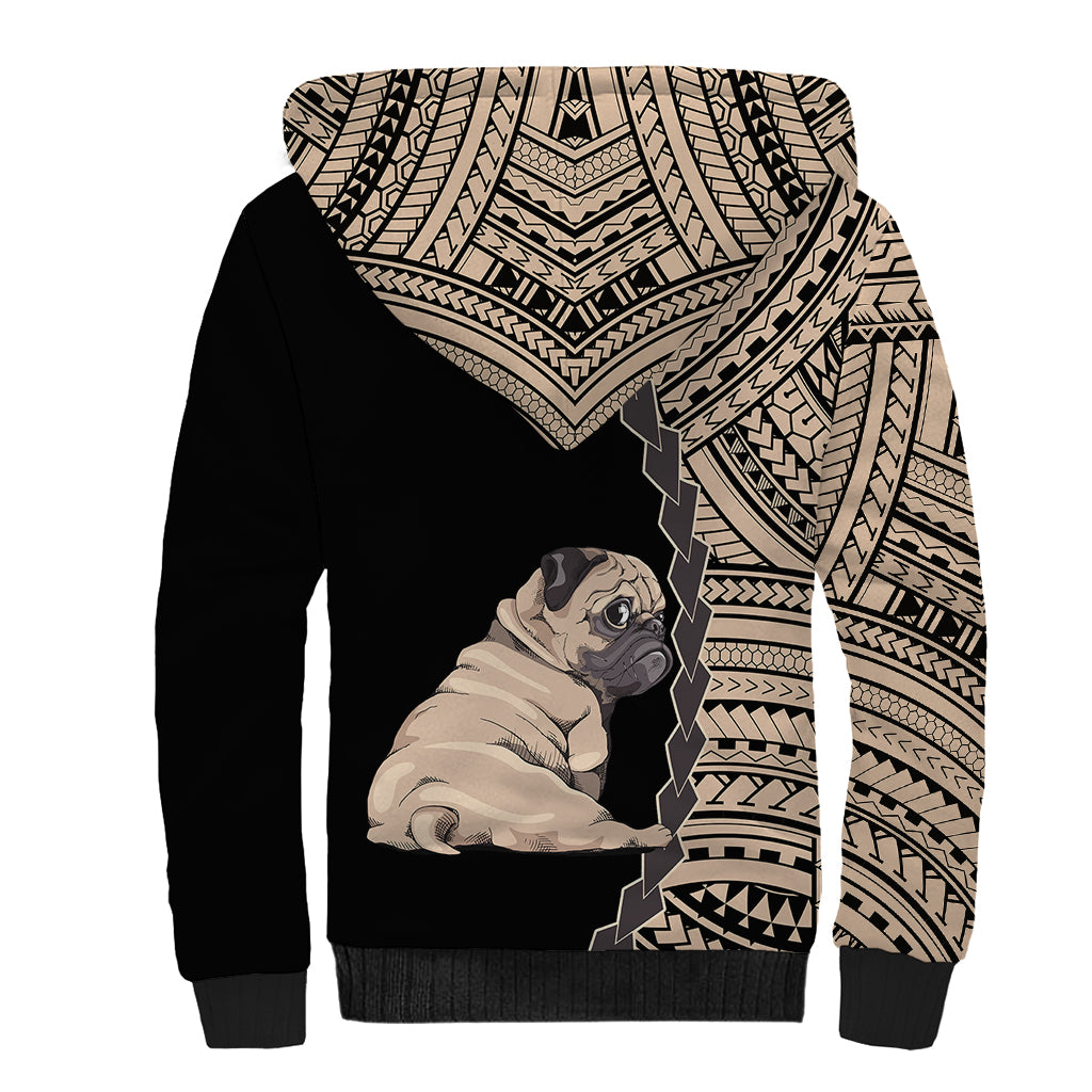 Custom Pug Dog Sherpa Hoodie With Polynesian Tribal Tattoo LT6 - Wonder Print Shop