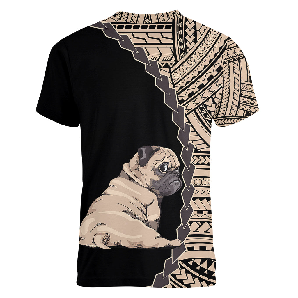Custom Pug Dog Women V Neck T Shirt With Polynesian Tribal Tattoo LT6 - Wonder Print Shop
