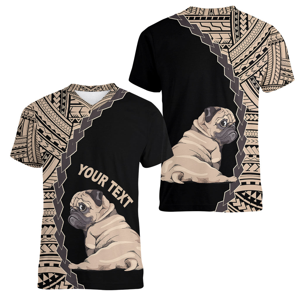 Custom Pug Dog Women V Neck T Shirt With Polynesian Tribal Tattoo LT6 - Wonder Print Shop