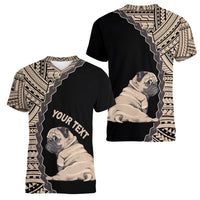 Custom Pug Dog Women V Neck T Shirt With Polynesian Tribal Tattoo LT6 - Wonder Print Shop