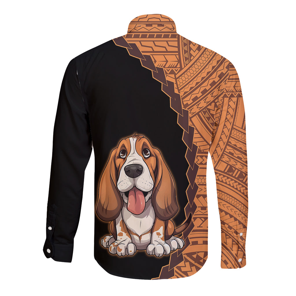 Custom Basset Hound Dog Long Sleeve Button Shirt With Polynesian Tribal Tattoo LT6 - Wonder Print Shop
