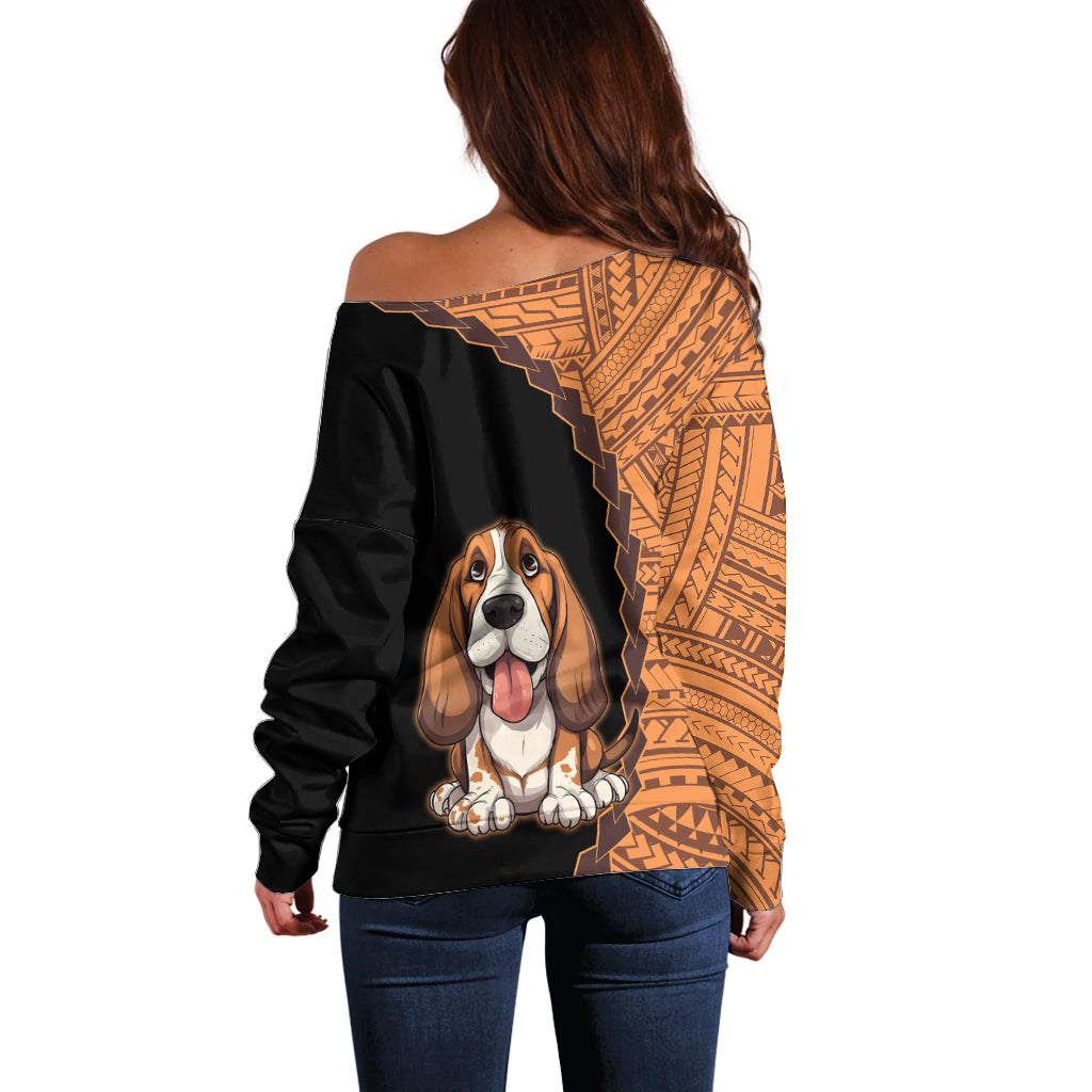 Custom Basset Hound Dog Off Shoulder Sweater With Polynesian Tribal Tattoo LT6 - Wonder Print Shop