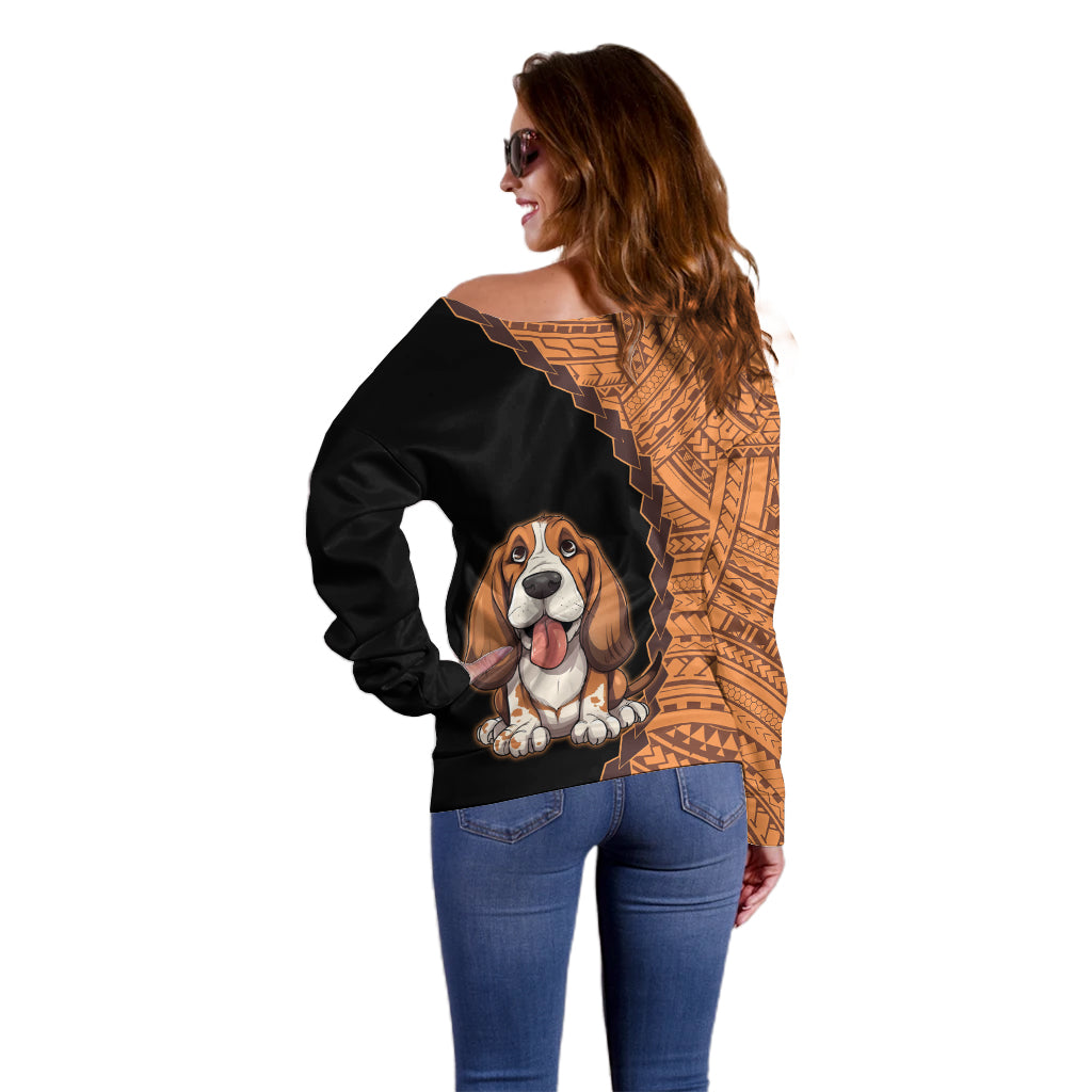 Custom Basset Hound Dog Off Shoulder Sweater With Polynesian Tribal Tattoo LT6 - Wonder Print Shop