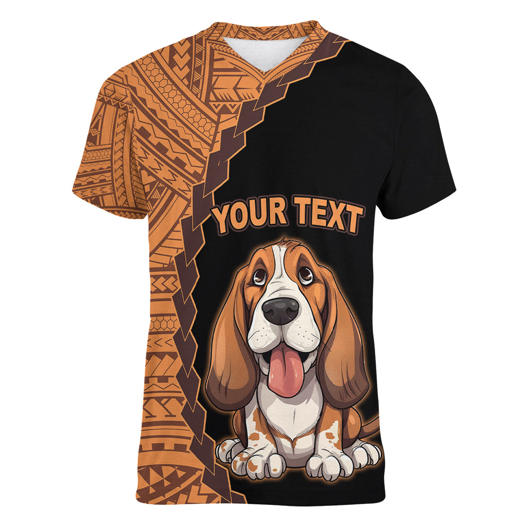 Custom Basset Hound Dog Women V Neck T Shirt With Polynesian Tribal Tattoo LT6 - Wonder Print Shop