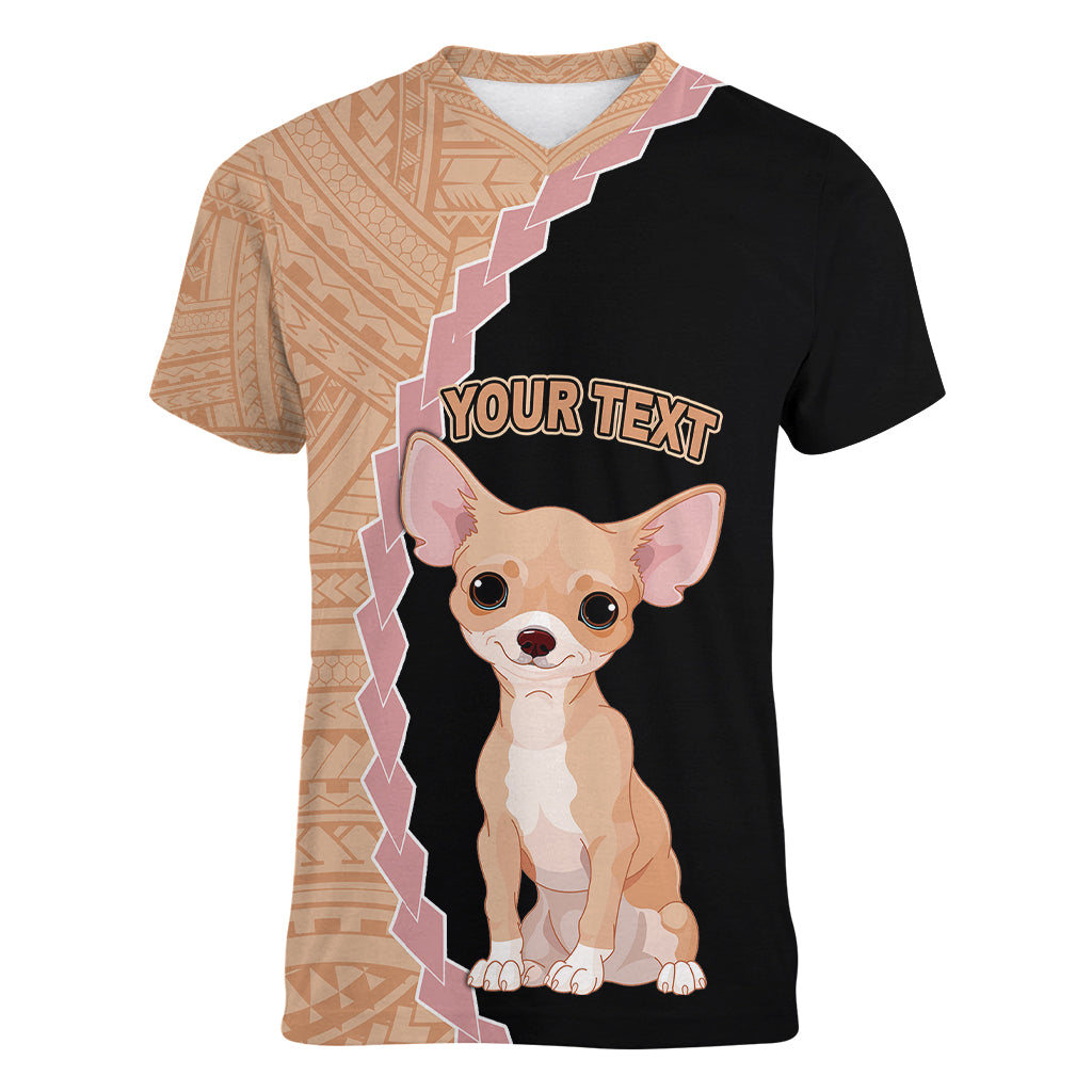 Custom Chihuahua Dog Women V Neck T Shirt With Polynesian Tribal Tattoo LT6 - Wonder Print Shop