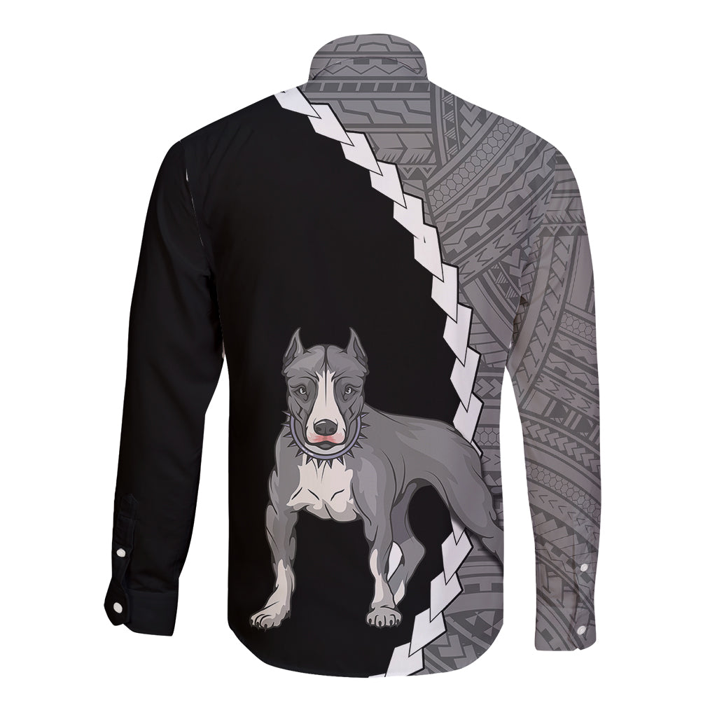 Custom Pitbull Dog Long Sleeve Button Shirt With Polynesian Tribal Tattoo LT6 - Wonder Print Shop
