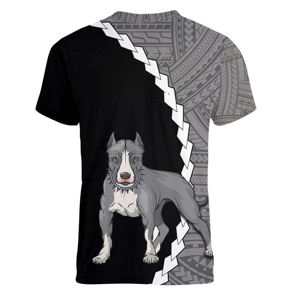 Custom Pitbull Dog Women V Neck T Shirt With Polynesian Tribal Tattoo LT6 - Wonder Print Shop