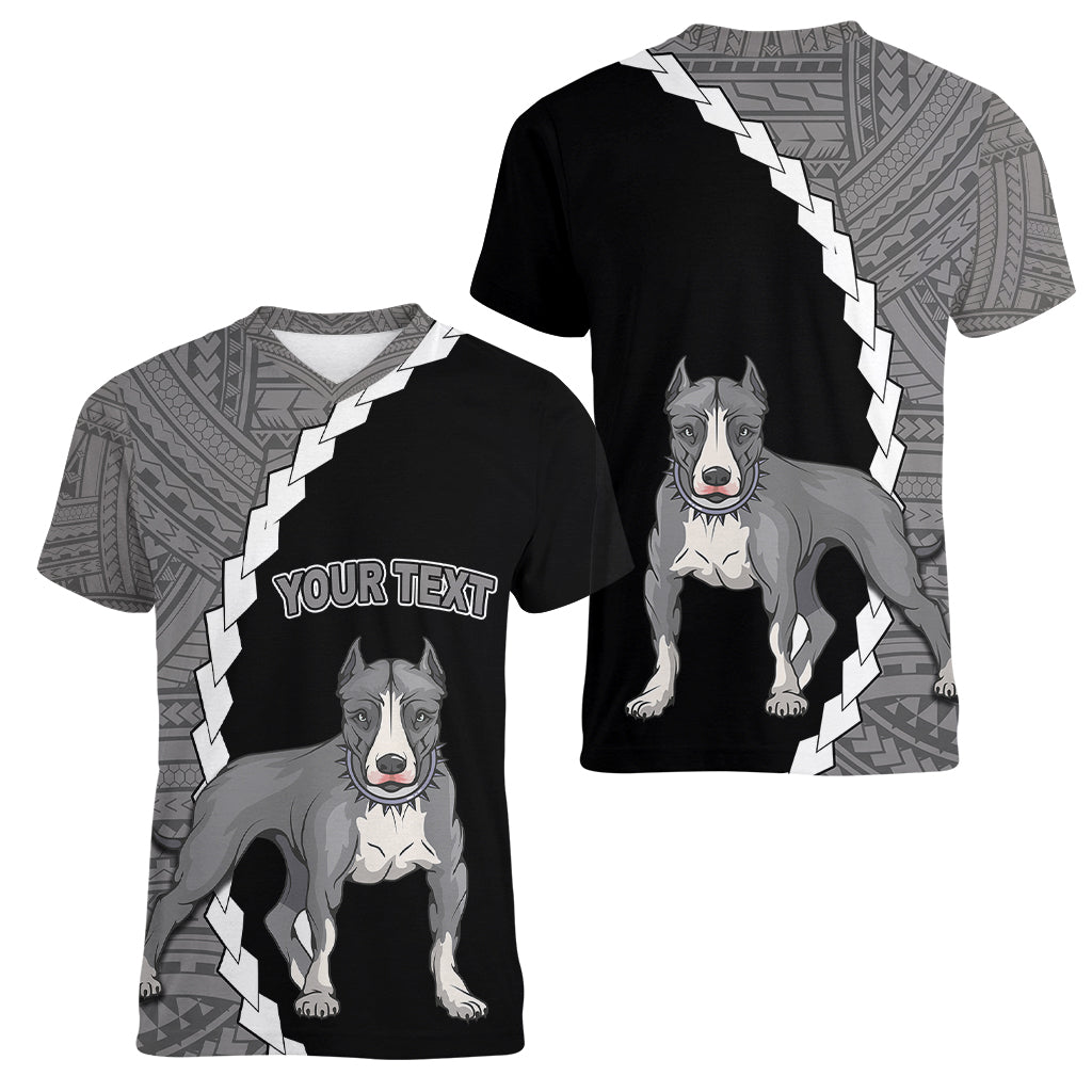 Custom Pitbull Dog Women V Neck T Shirt With Polynesian Tribal Tattoo LT6 - Wonder Print Shop