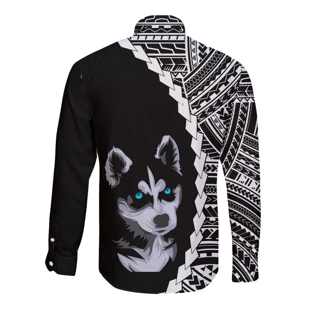 Custom Husky Dog Long Sleeve Button Shirt With Polynesian Tribal Tattoo LT6 - Wonder Print Shop