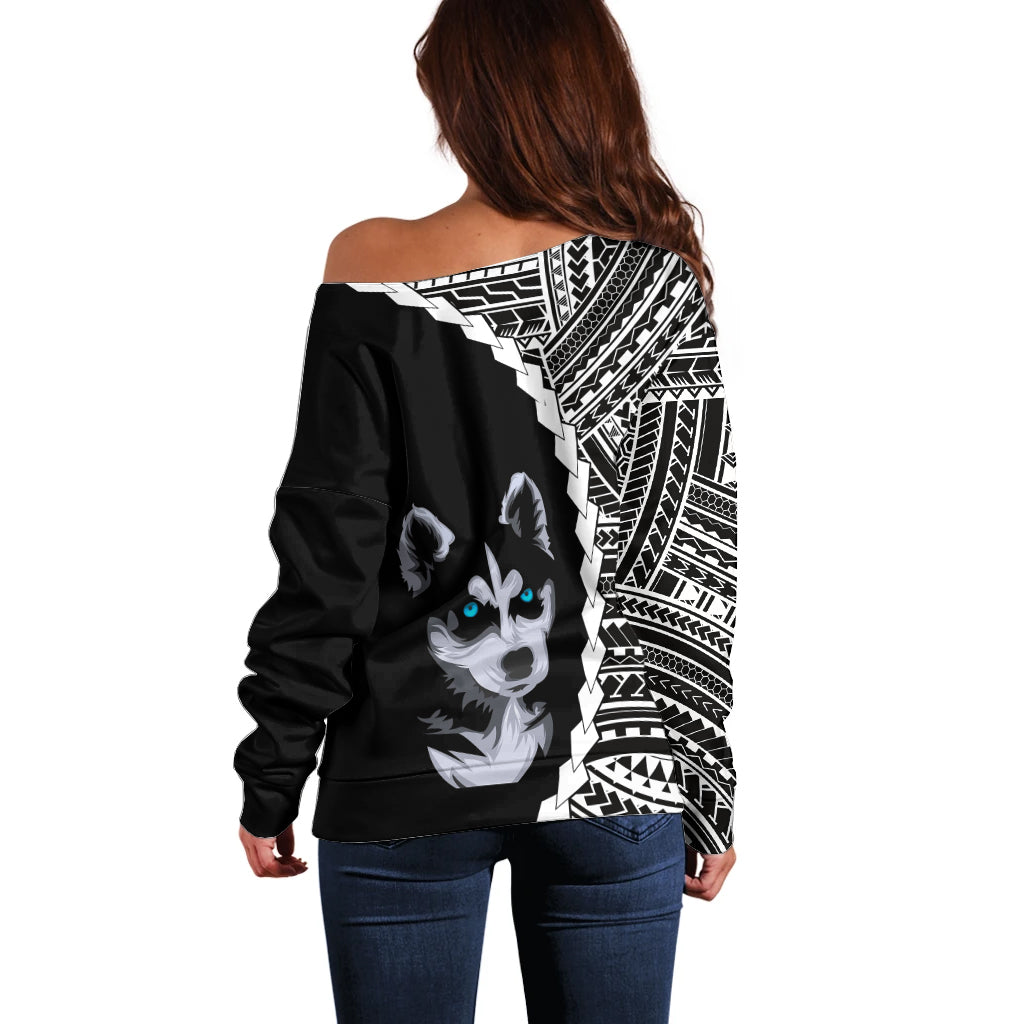 Custom Husky Dog Off Shoulder Sweater With Polynesian Tribal Tattoo LT6 - Wonder Print Shop