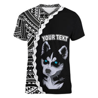 Custom Husky Dog Women V Neck T Shirt With Polynesian Tribal Tattoo LT6 - Wonder Print Shop