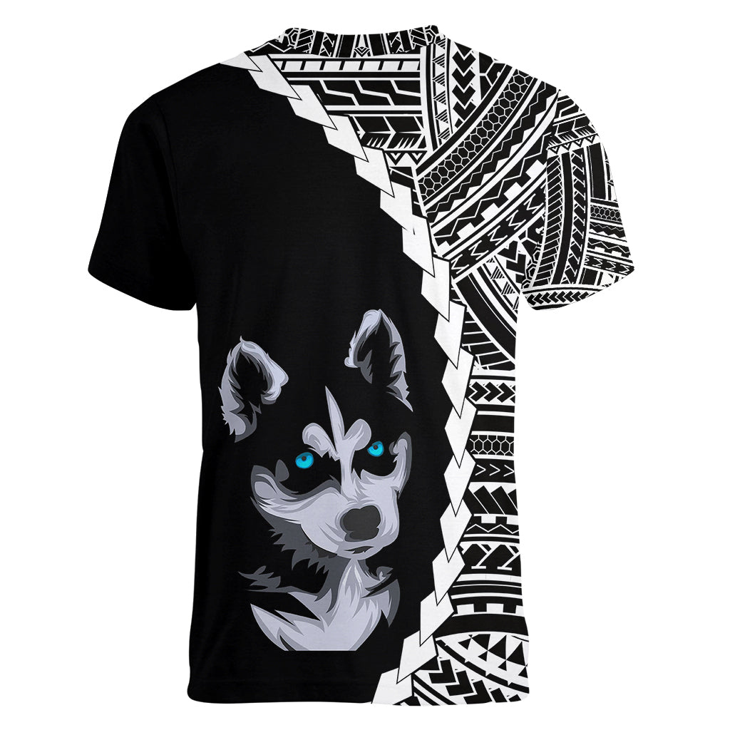 Custom Husky Dog Women V Neck T Shirt With Polynesian Tribal Tattoo LT6 - Wonder Print Shop