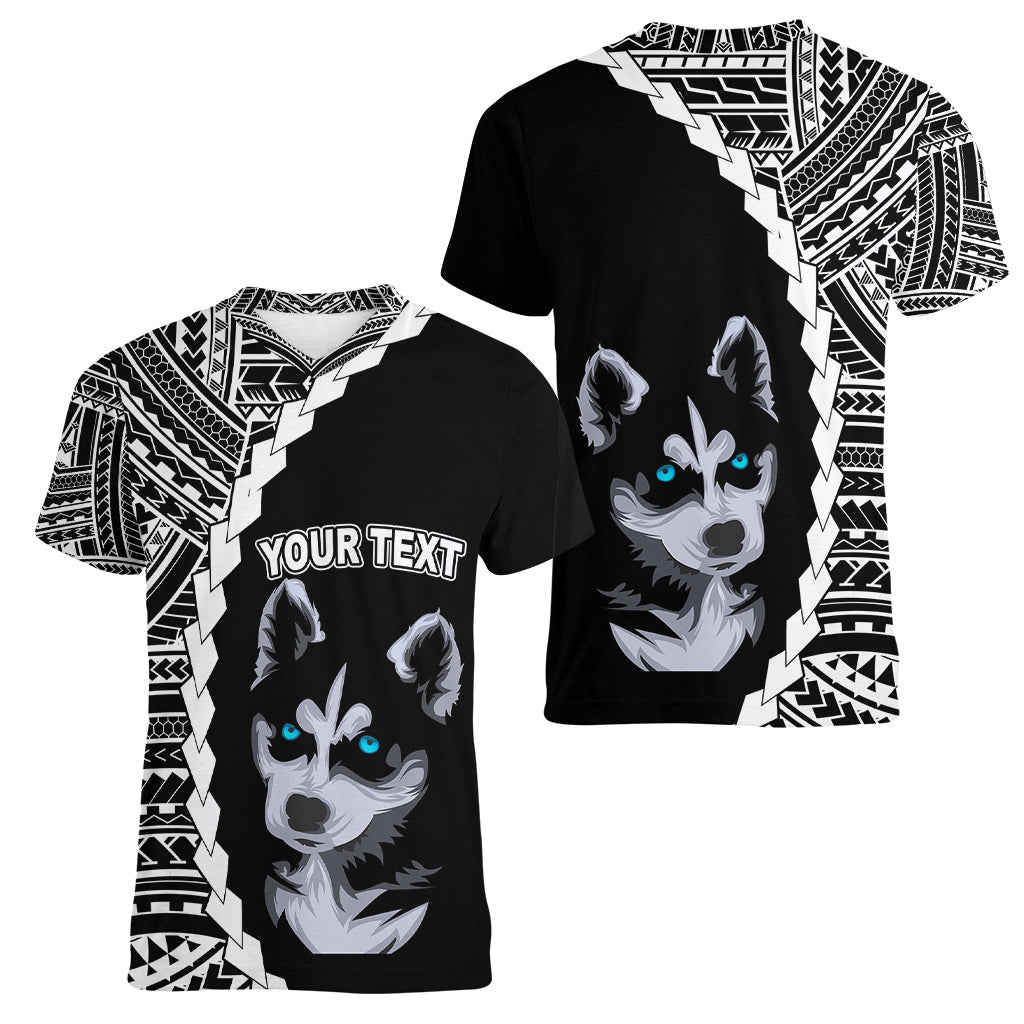 Custom Husky Dog Women V Neck T Shirt With Polynesian Tribal Tattoo LT6 - Wonder Print Shop