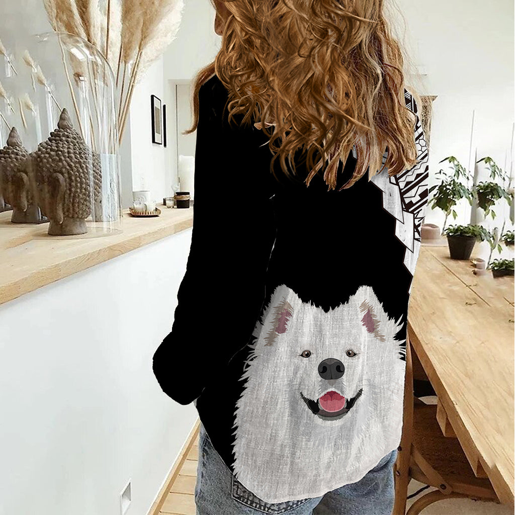 Custom Samoyed Dog Women Casual Shirt With Polynesian Tribal Tattoo LT6 - Wonder Print Shop