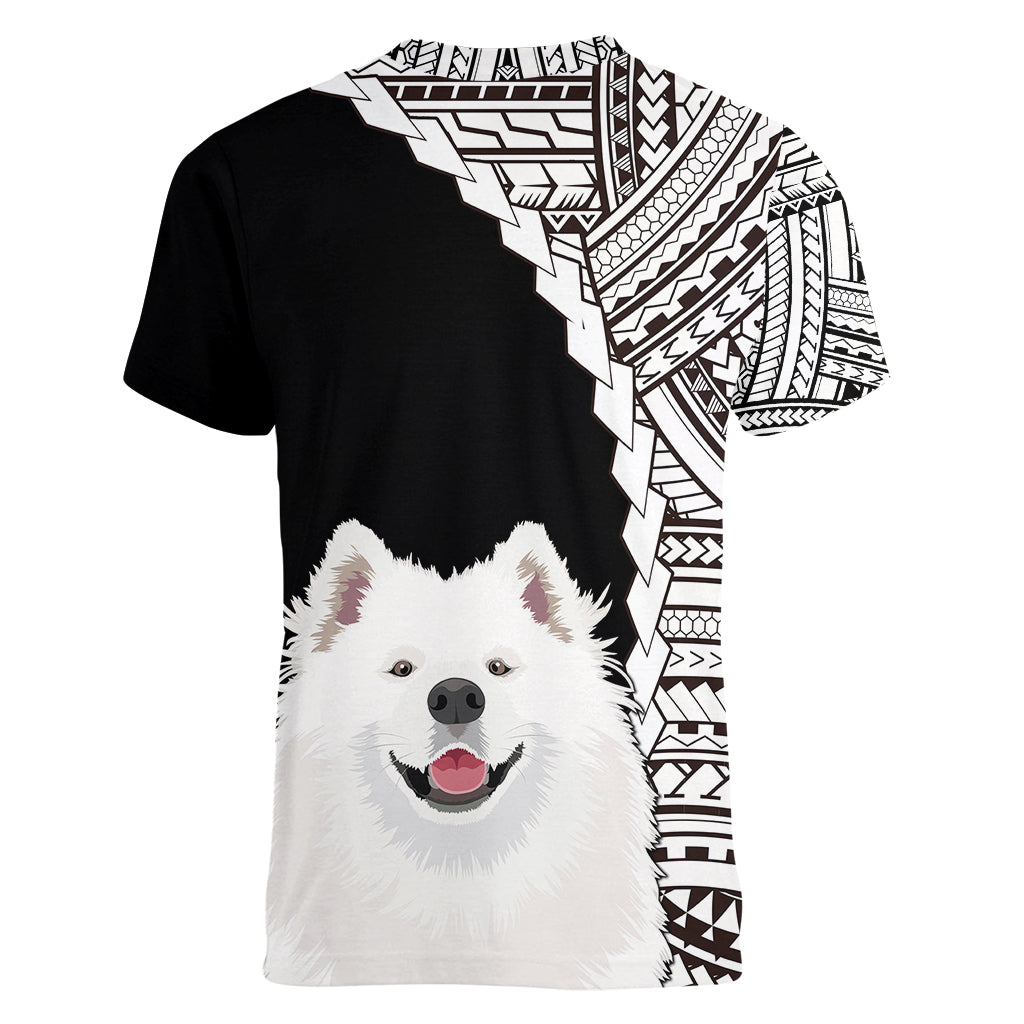 Custom Samoyed Dog Women V Neck T Shirt With Polynesian Tribal Tattoo LT6 - Wonder Print Shop