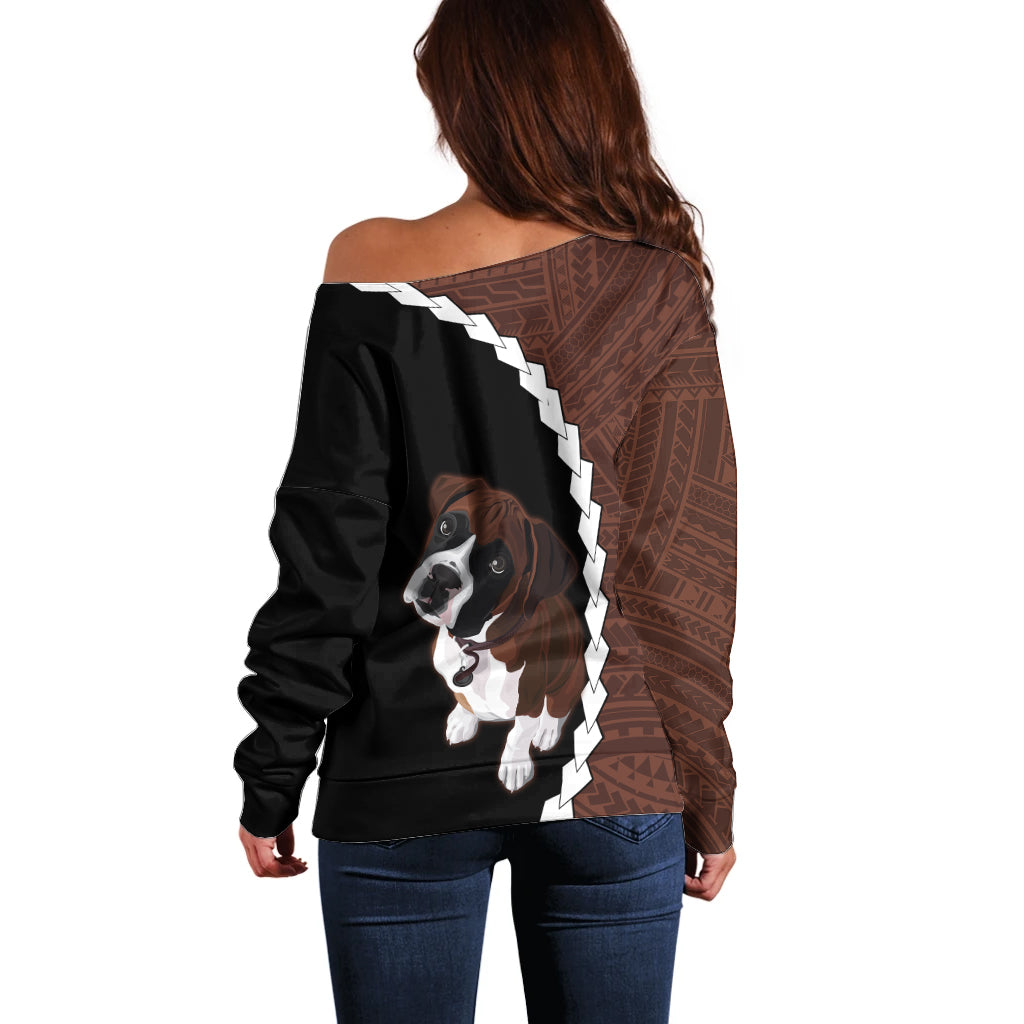 Custom Boxer Dog Off Shoulder Sweater With Polynesian Tribal Tattoo LT6 - Wonder Print Shop