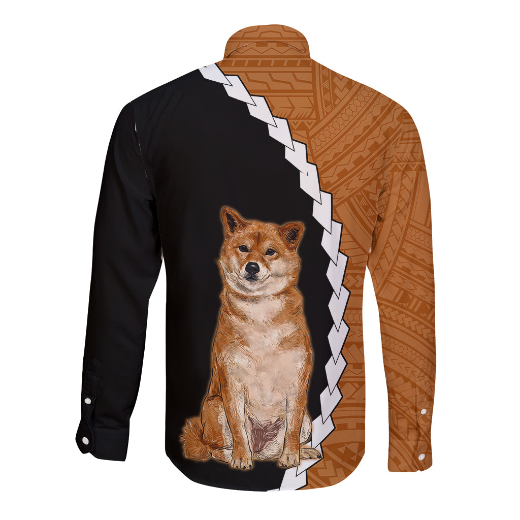 Custom Shiba Inu Dog Long Sleeve Button Shirt With Polynesian Tribal Tattoo LT6 - Wonder Print Shop