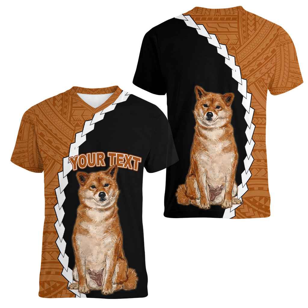Custom Shiba Inu Dog Women V Neck T Shirt With Polynesian Tribal Tattoo LT6 - Wonder Print Shop