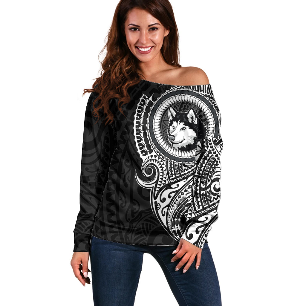 Polynesian Husky Dog Off Shoulder Sweater Dog In My Heart LT6 - Wonder Print Shop