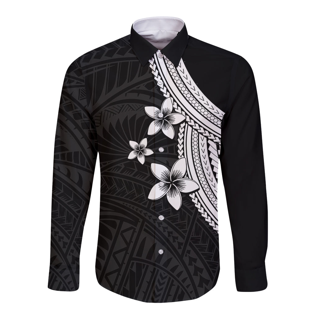 Polynesian Long Sleeve Button Shirt With Plumeria Flower White LT6 - Wonder Print Shop