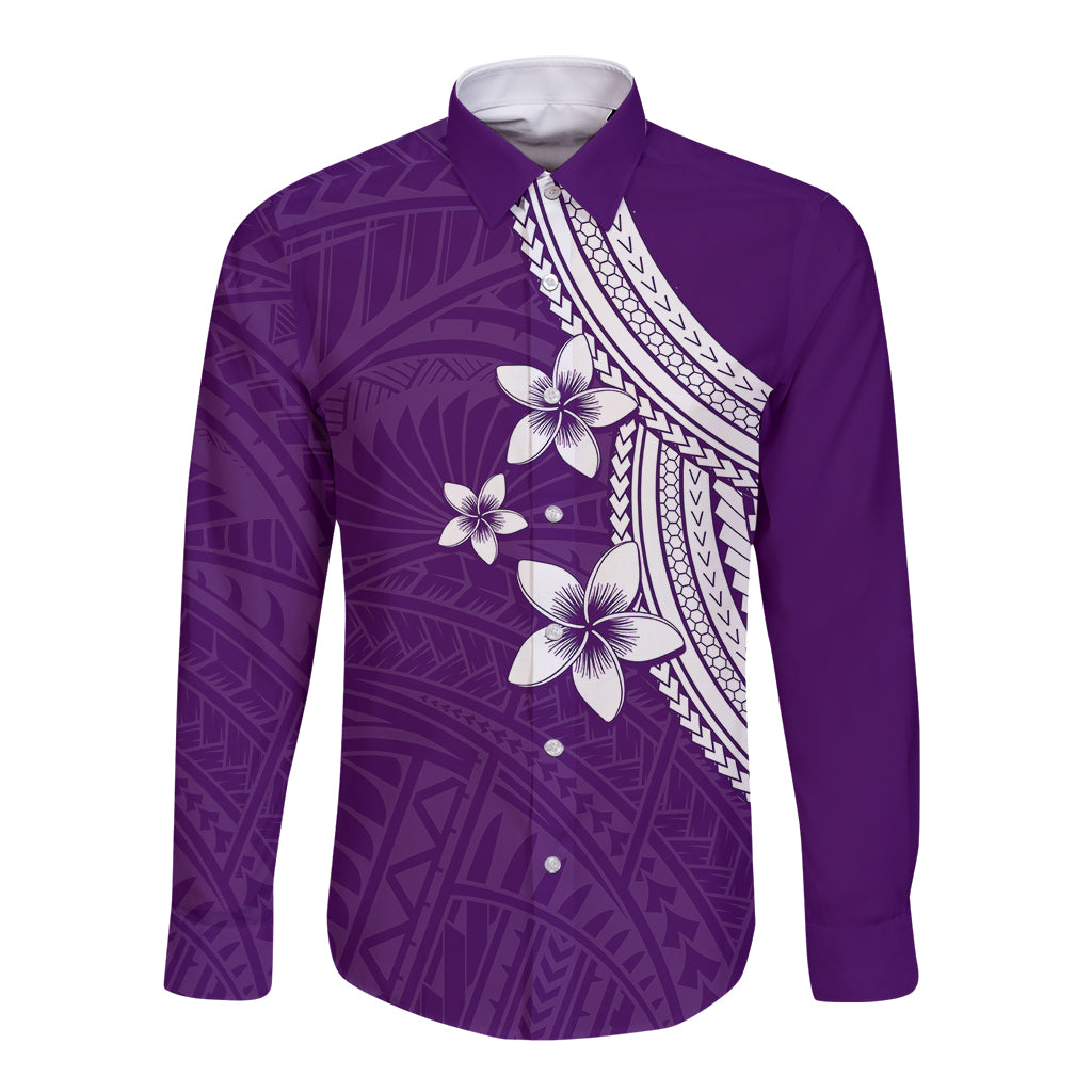 Polynesian Long Sleeve Button Shirt With Plumeria Flower Purple LT6 - Wonder Print Shop