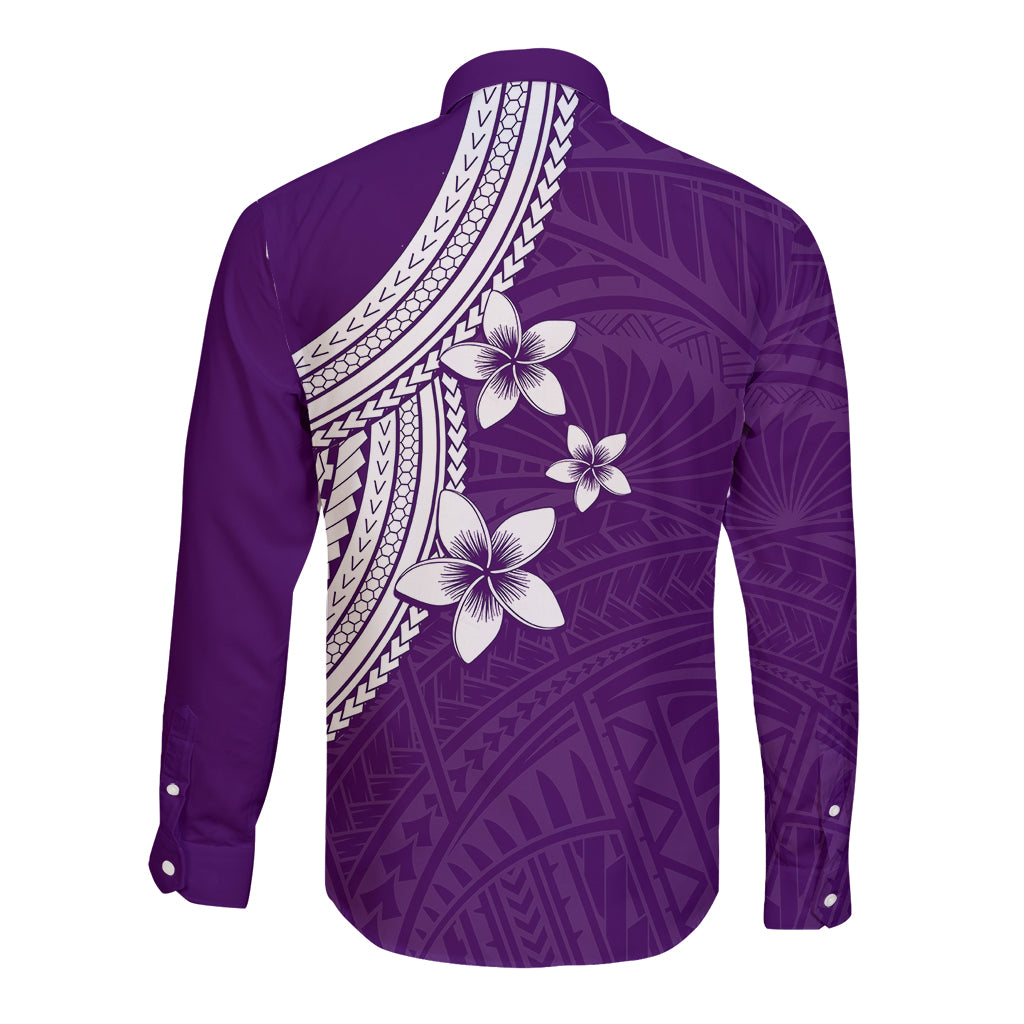 Polynesian Long Sleeve Button Shirt With Plumeria Flower Purple LT6 - Wonder Print Shop
