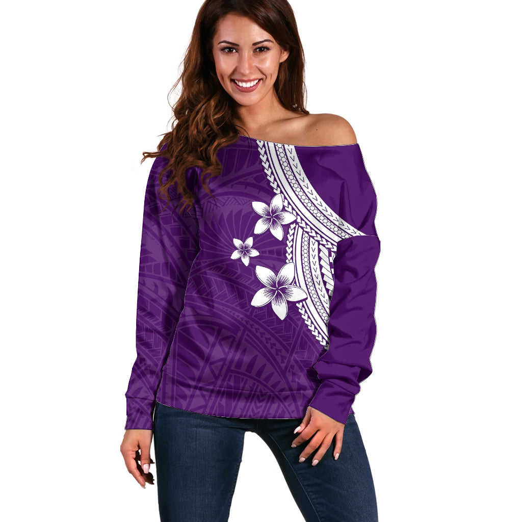 Polynesian Off Shoulder Sweater With Plumeria Flower Purple LT6 - Wonder Print Shop