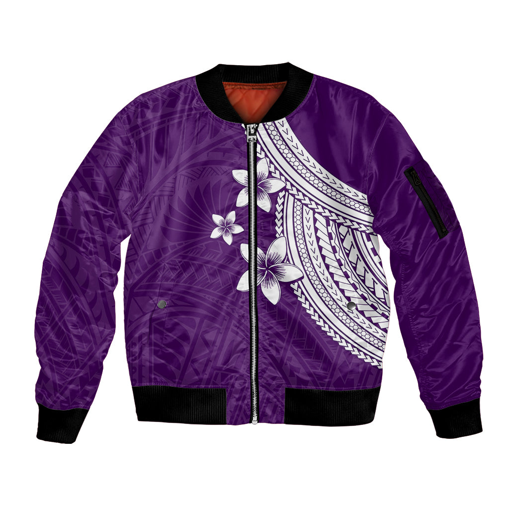 Polynesian Sleeve Zip Bomber Jacket With Plumeria Flower Purple LT6 - Wonder Print Shop