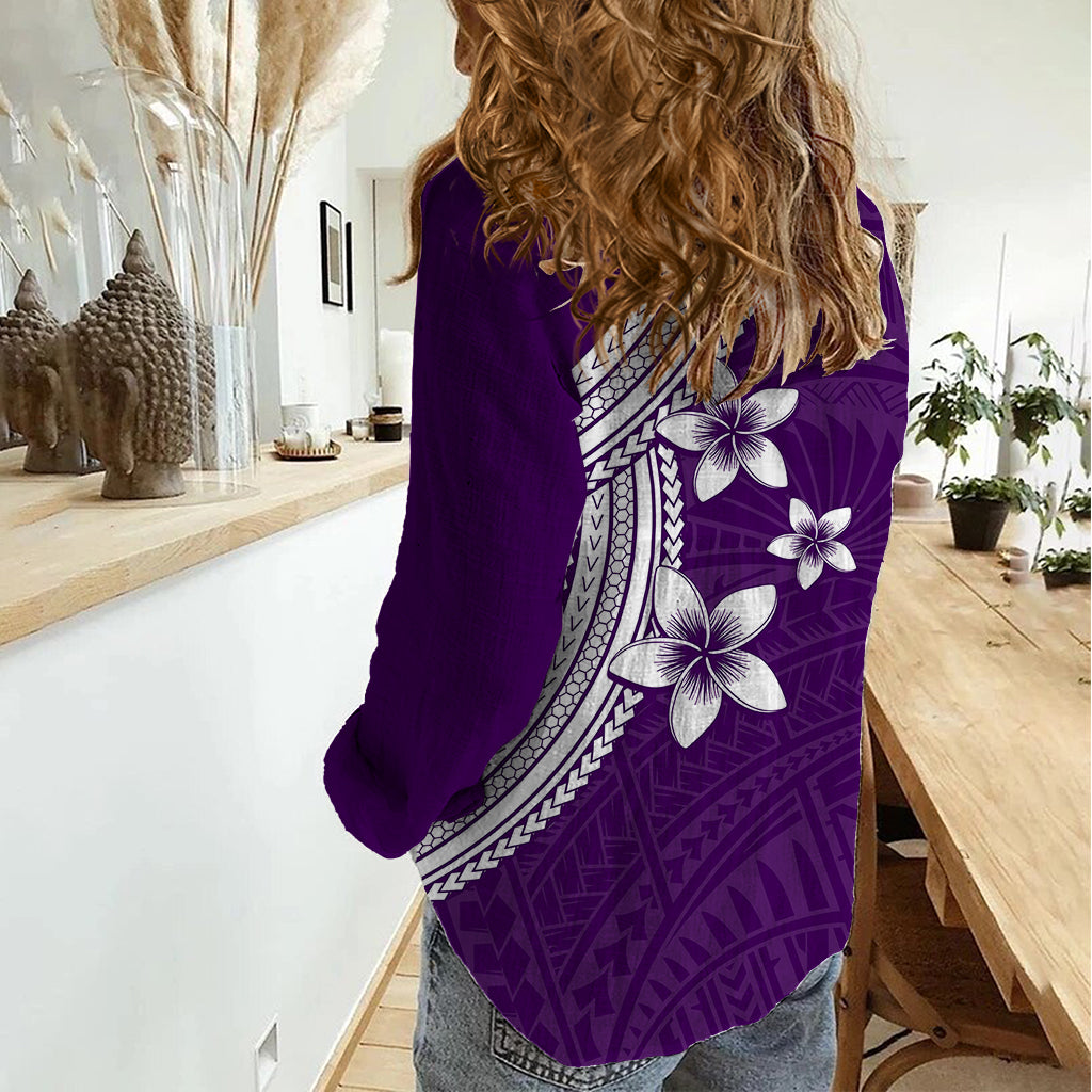 Polynesian Women Casual Shirt With Plumeria Flower Purple LT6 - Wonder Print Shop